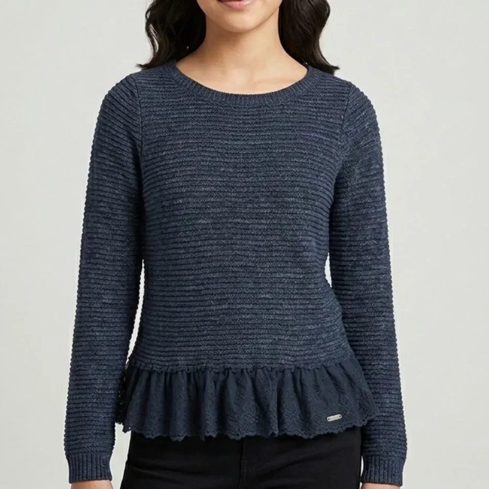 Hollister Y2K Dark Blue Knit Lace Trim Layered Peplum Sweater Bella Swan Small S